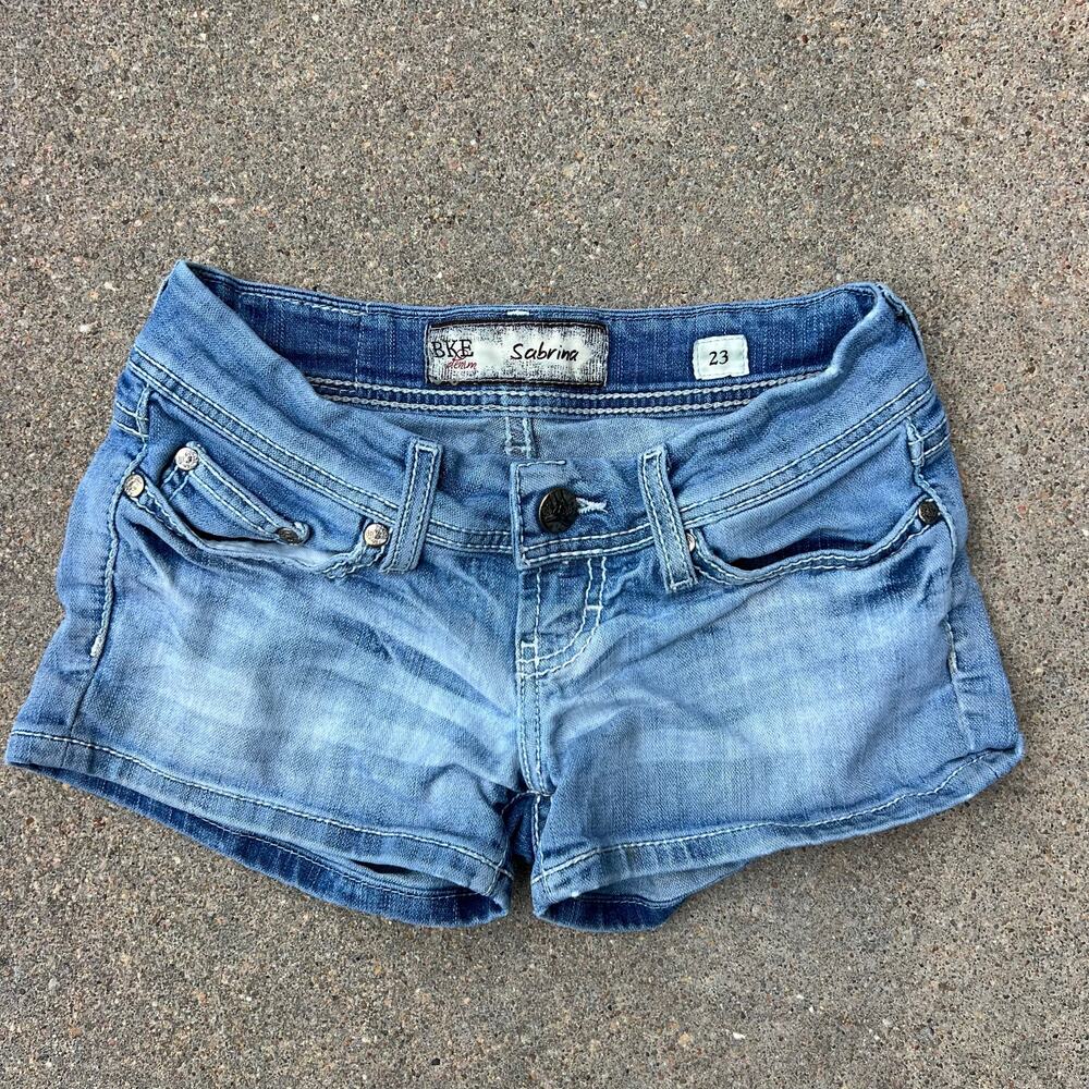 Y2K Buckle BKE Sabrina Size 23 Low Rise Micro Mini Jean Shorts Blue BK32110